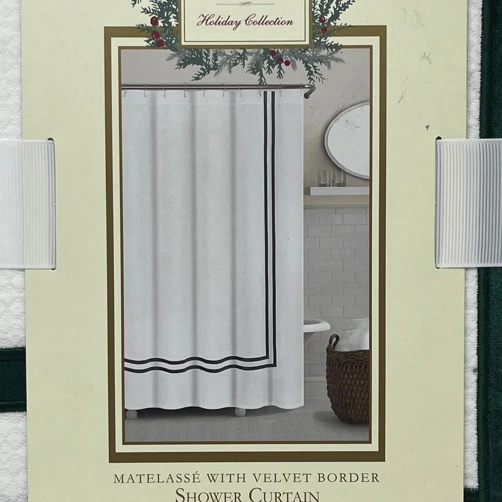 Ridgefield Home Matelasse Rich Green Velvet Border Fabric Shower Curtain Luxury